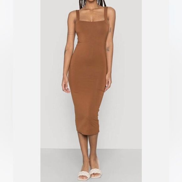 Good American 90s Tank Dress – Rust Brown Smooth Bodycon Midi, Size L - Picture 2 of 8